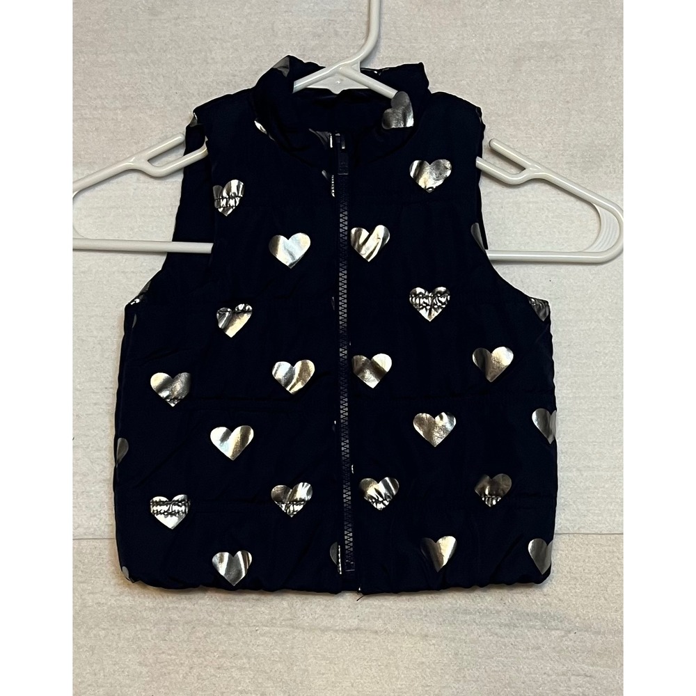 Baby Gap Girls 2T 2 Years Navy Blue Puffer Vest Silver Metallic Hearts Zip Up